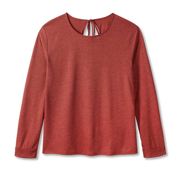 red-round-neck-long-sleeve-tee-keyhole-cut-out-back-wicking-cooling-sustainable-cucumber-clothing